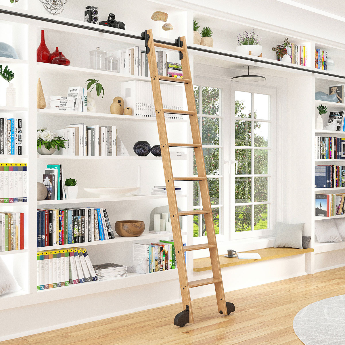 Quiet Glide 8.06 ft. Red Oak Library Ladder
